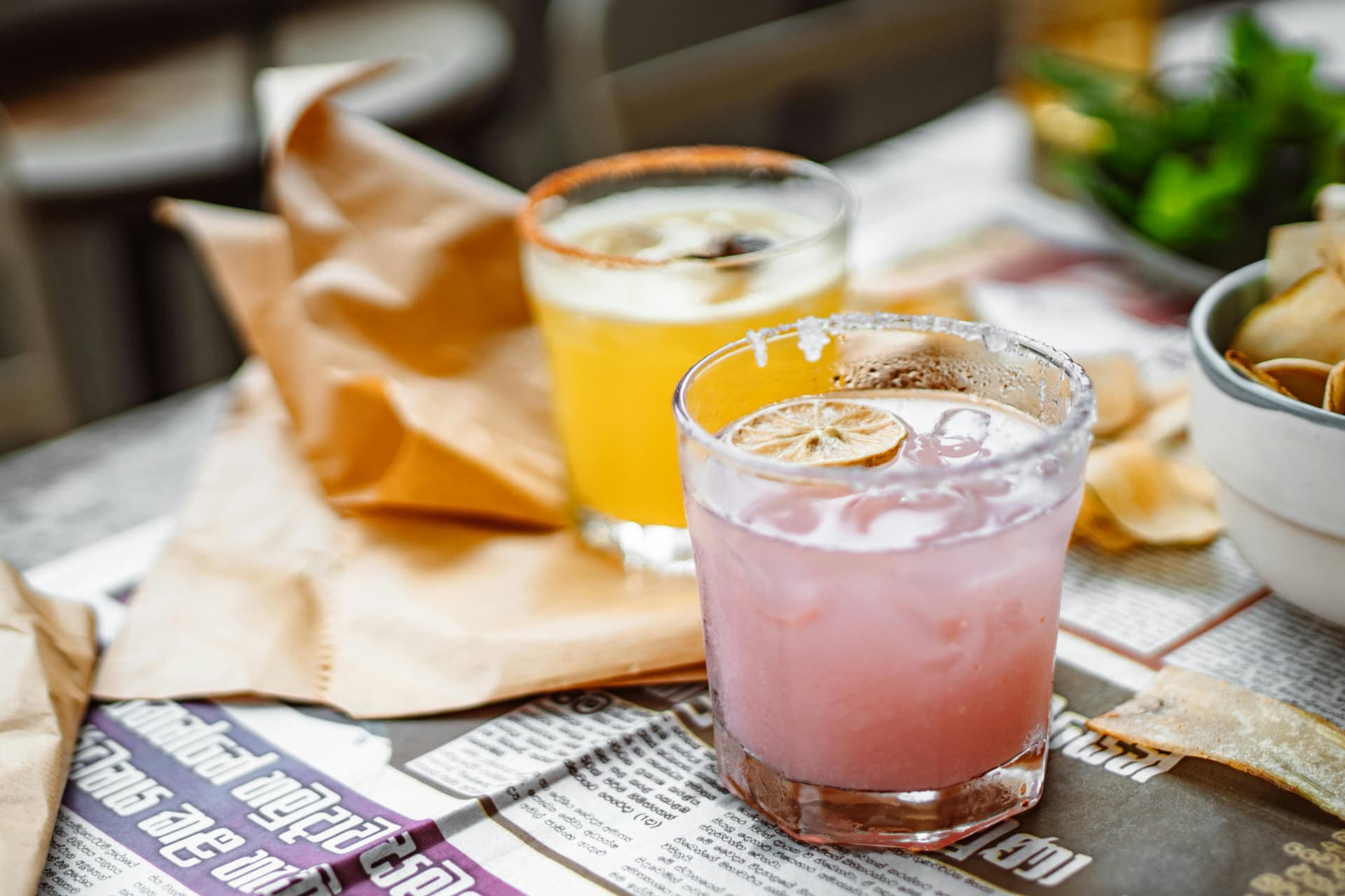 Traveler drinking lemonade in a restaurant