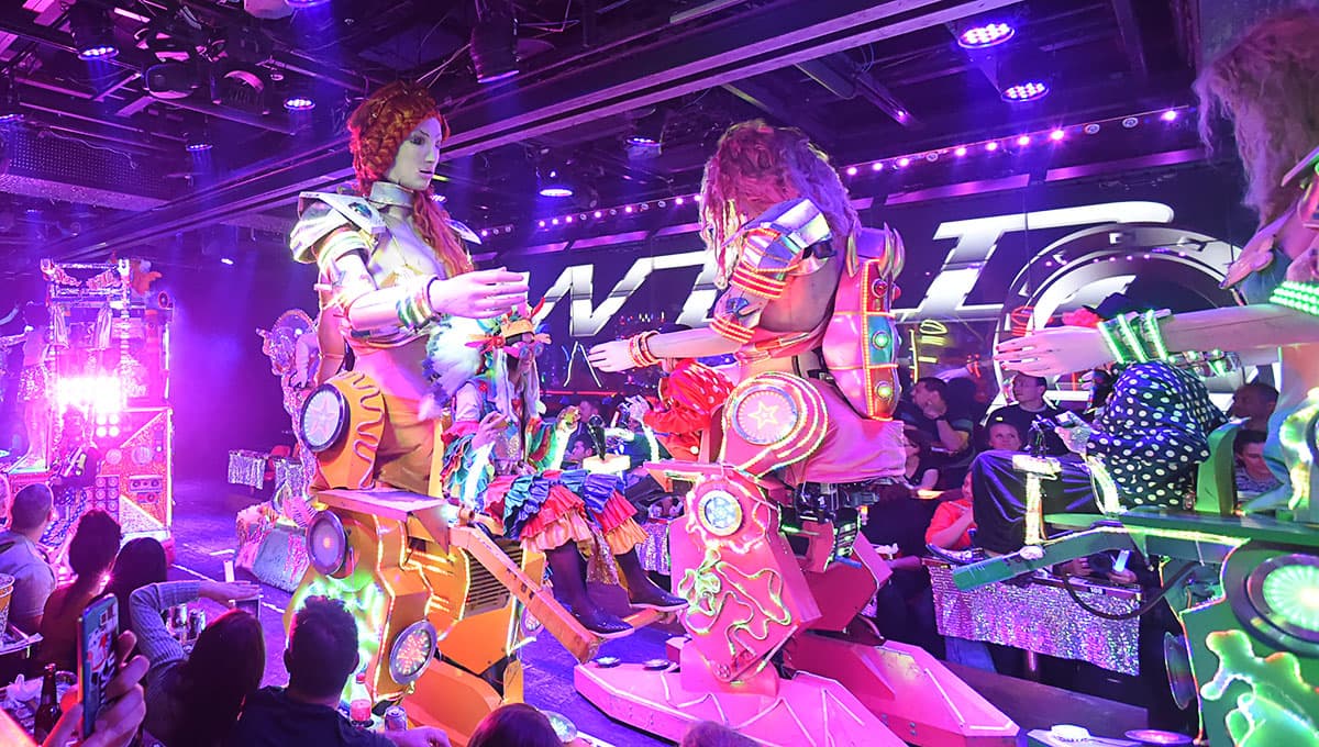 Futuristic show with robots and neon lights at Robot Restaurant in Tokyo
