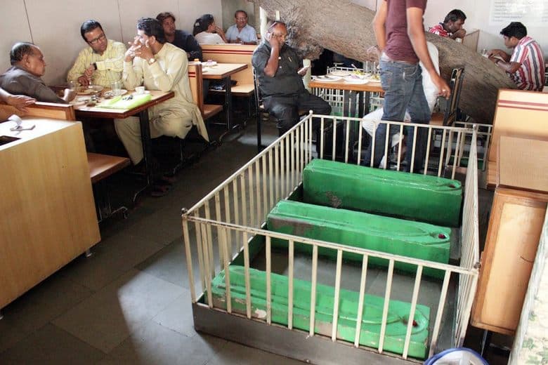 Customers dining next to tombs at New Lucky Restaurant in India